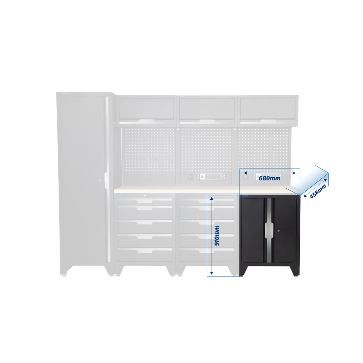 SGS 10pc Modular Garage Storage | 10 Drawers | Plywood Worktop | Floor Cabinet | Tall Single Cabinet | 3x Upper Cabinets | 2x Pegboards with Power Strip